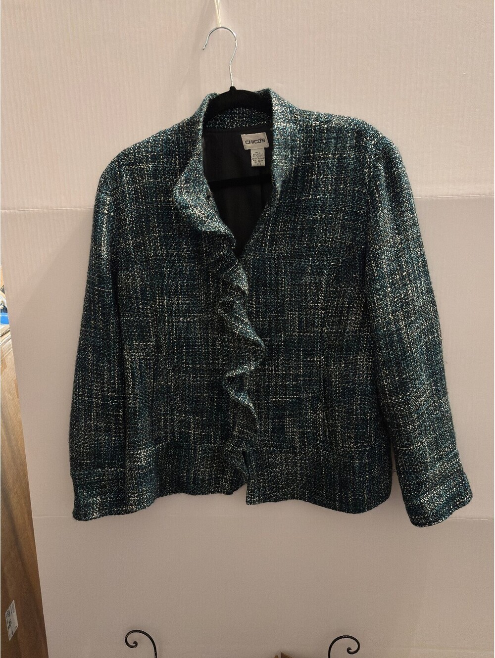 Chico's Women's Size 2 Blue and Black Tweed Jacket with Ruffle Detail